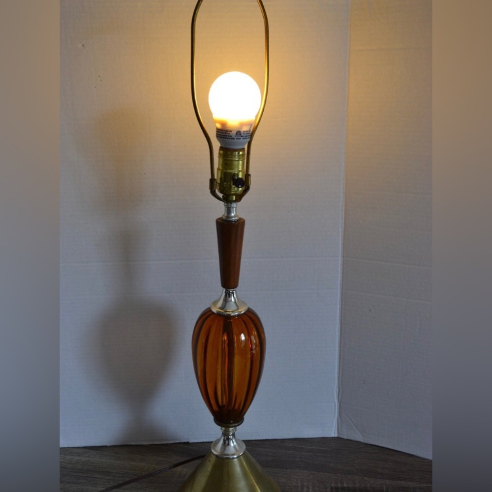 Vtg MCM Amber Glass Multi Material Table Lamp